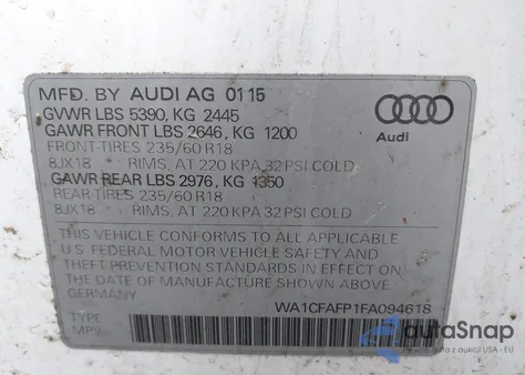 2015 Audi Q5 2.0T Premium z USA, uszkodzony, nr VIN WA1CFAFP1FA094618